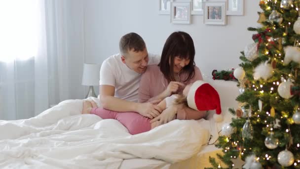 爱情和圣诞节的概念 年轻的父母和小女儿在装饰了圣诞树的卧室里玩耍 — 图库视频影像