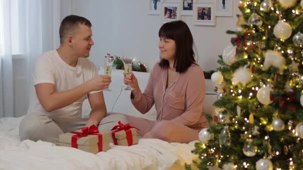 クリスマス 新年のコンセプト クリスマスツリーの近くで幸せなカップルのシャンパンを飲む — ストック動画