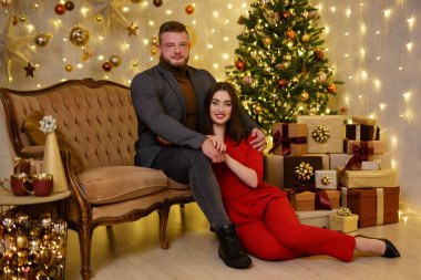 Noel ağacının yanındaki kanepede oturan genç ve güzel bir çift.