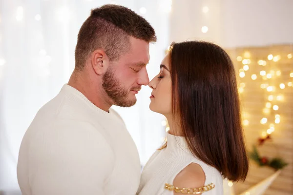 Close Portrait Young Couple Touching Noses — Stock Photo, Image