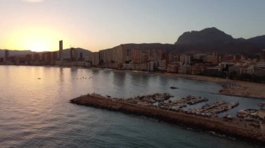 aerial view of sunset over Benidorm city in Spain