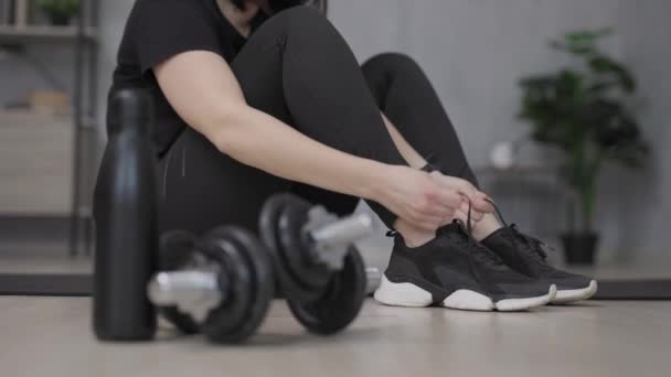 Sport Healthy Lifestyle Concept Woman Preparing Training Home Tying Shoelaces — Stok video