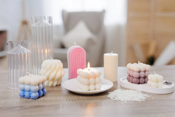 Set Colorful Handmade Candles Table Room — Stock Photo, Image