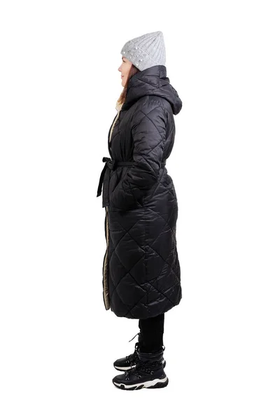 Woman Standing Sideways Winter Coat Isolated White Background — Stock Photo, Image