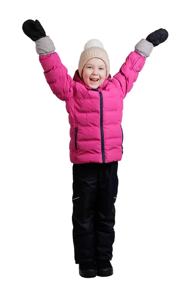 Porträt Eines Glücklichen Kleinen Mädchens Winterkleidung Isoliert Auf Weißem Hintergrund — Stockfoto