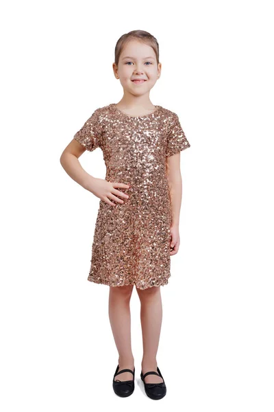 Вид Спереди Маленькую Девочку Золотом Платье Изолированную Белом — стоковое фото