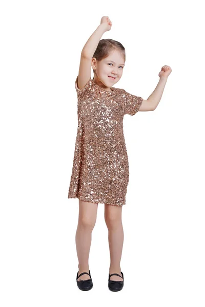 Χορό Κοριτσάκι Χρυσό Φόρεμα Απομονώνονται Λευκό — Φωτογραφία Αρχείου