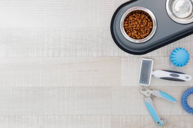 Evcil hayvan maması ve su, tırnak makası, saç tarağı ve yerde fotokopi alanı olan mavi oyuncaklar.