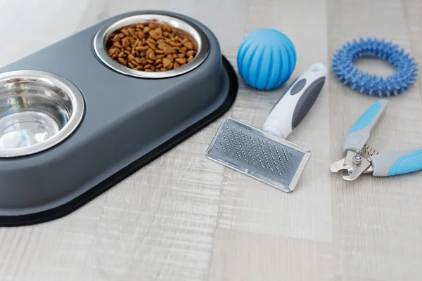 Nail Clipper Hair Comb Food Blue Toys Floor Copy Space — Stock Photo, Image