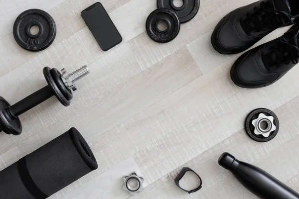 Flatlay Black Workout Equipment Training Copy Space Center — Stock Photo, Image