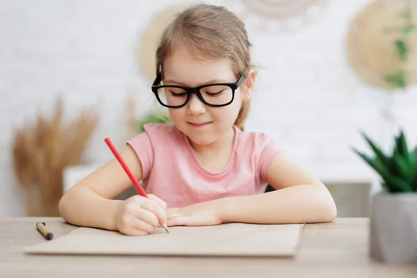 Childhood Education Concept Cute Little Girl Doing Homework Home — Stock Photo, Image