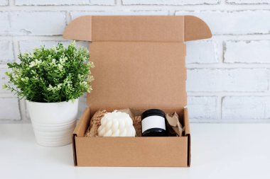 Bir kutuda Aroma mumları ve fotokopi alanı olan yeşil bitki