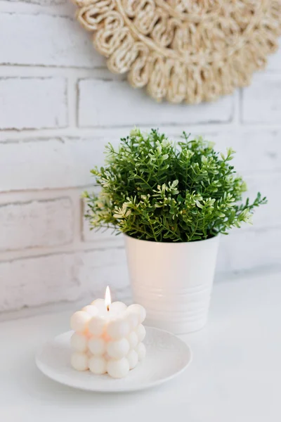 Горящая Белая Безделушка Зеленым Растением Столе — стоковое фото