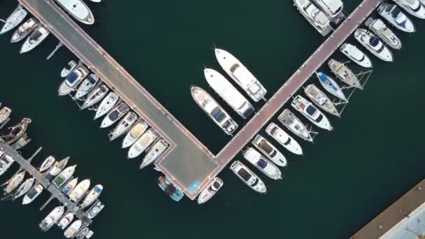 Αεροφωτογραφία Σκαφών Και Σκαφών Αναψυχής Κοντά Στην Προβλήτα Στο Λιμάνι — Αρχείο Βίντεο