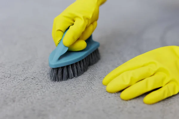 close up of hands in yellow rubber gloves cleaning grey carpet with brush
