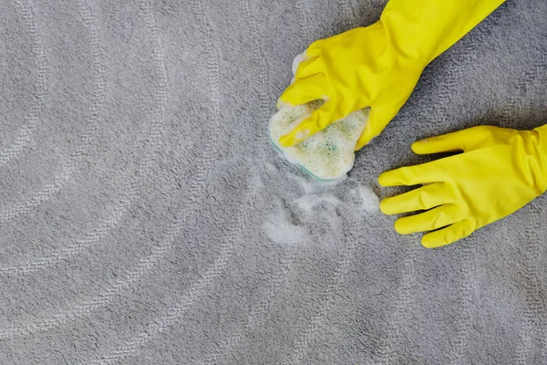 用海绵和泡沫擦拭地毯的黄色橡胶手套双手的顶部视图 复制地毯上方的空间 — 图库照片
