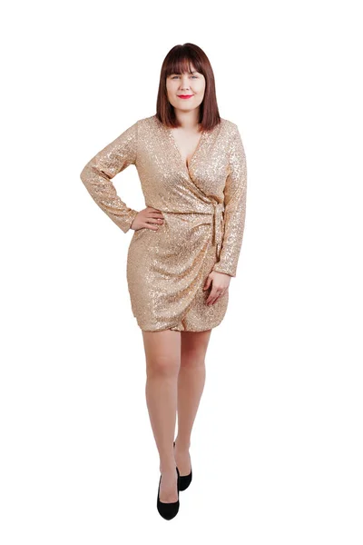 Beautiful Woman Golden Dress Isolated White Background — Stock Photo, Image