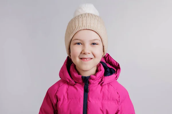 Little Girl Pink Winter Jacket Knitted Hat Grey Background — Stock Photo, Image