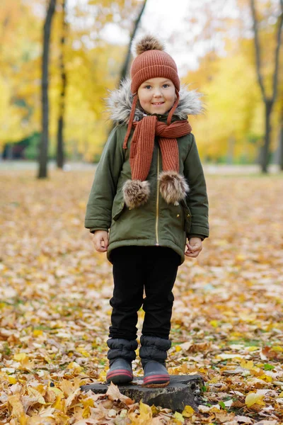 Nettes Glückliches Kleines Mädchen Herbstpark Mit Vielen Blättern — Stockfoto