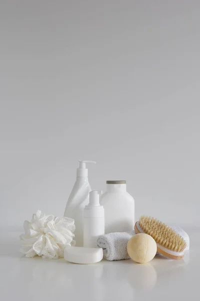 Omposition Bath Accessories Cosmetic Bottles Massage Brush Sponge Soap Towel — Stock Photo, Image
