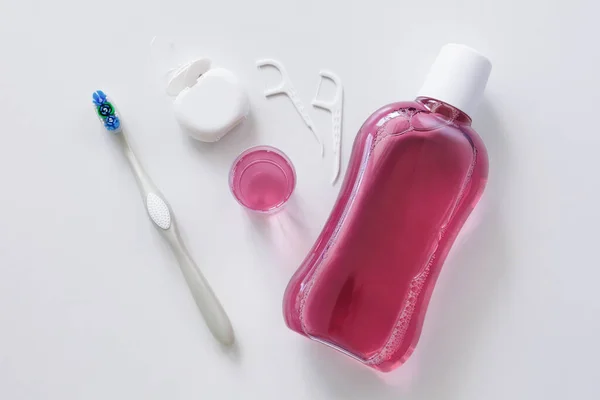 Dental Floss Toothbrush Toothpicks Rinse White Background — Stock Photo, Image