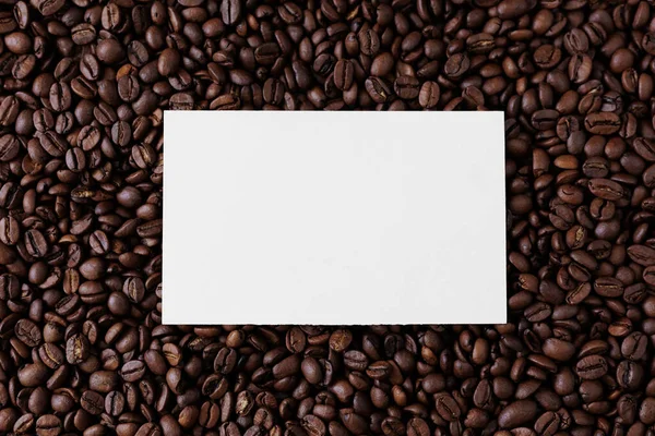 Top View Blank Paper Card Copyspace Dark Background Coffee Beans — Stock Photo, Image