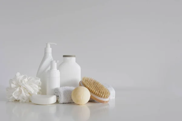 Bath Accessories Cosmetic Bottles Massage Brush Sponge Soap Towel Copyspace — Stock Photo, Image