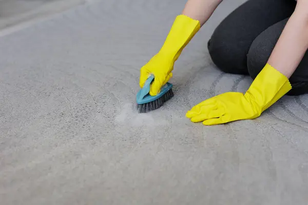 close up of female hands in yellow rubber gloves cleaning carpet with brush and foam, copy space over grey carpet