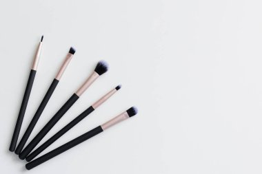 Makyaj fırçaları beyaz masa arkaplanının üzerinde kopya alanı ile birlikte