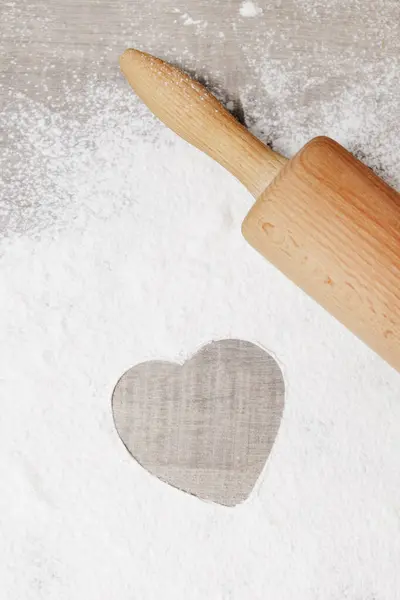 Top View Rolling Pin Heart Shape Made Flour Wooden Background Royalty Free Stock Images