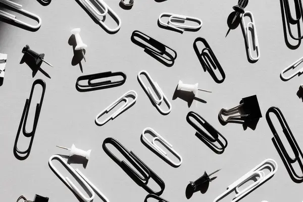 Close Various Type Paper Clips Grey Background Stock Image