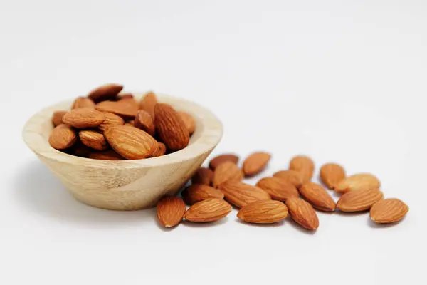 Close Bowl Almond Nuts White Table Background Stock Photo