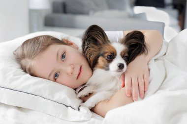 Tatlı papillon köpeğiyle yatakta yatan küçük kızın portresi.