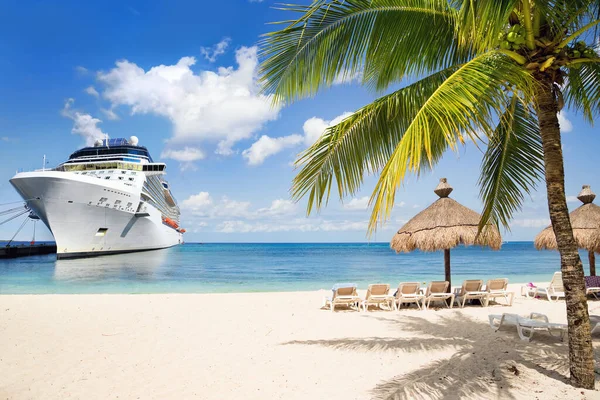 Cruiseschip Aangemeerd Tropische Haven Zonnige Dag Stockfoto