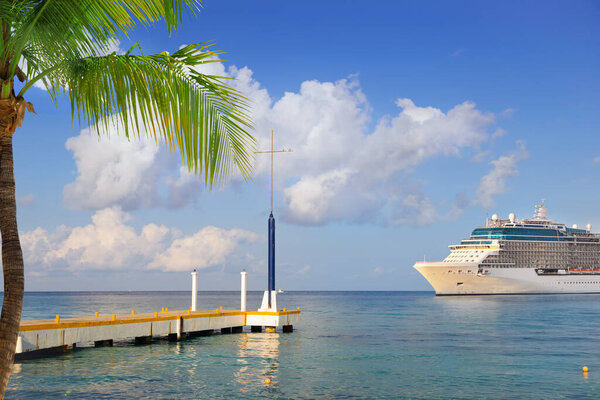 Luxury cruise ship sailing to port on sunny day