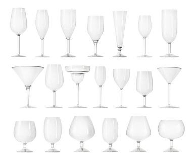 Şarap, martini, şampanya ve diğerleri için beyaz arka planda farklı bardaklar. Şarap kadehi illüstrasyonunu 3D ayarla