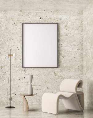 Poster çerçevesini modern iç plan, oturma odası, İskandinav tarzı. Koltuğu, sehpası, lambası ve taş duvarı olan modern iç tasarım. Görüntü, 3D görüntüleme