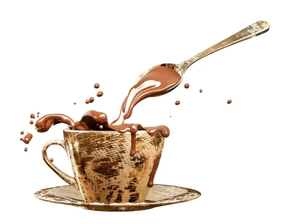 Splash Hot Melted Chocolate Sauce Syrup Cocoa Drink Golden Luxury — Stock Photo, Image