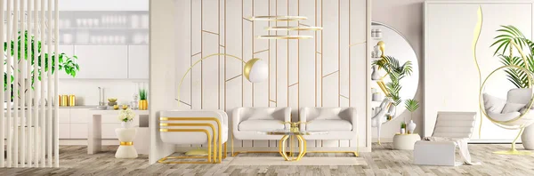 现代室内设计与米色扶手椅 咖啡桌 厨房和黄金装饰 古典式房子里的现代客厅 全景3D渲染 — 图库照片