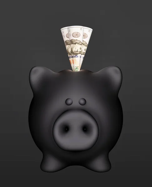带有钱的黑色储蓄罐 背景孤立的黑色星期五广告概念 3D渲染 100美元钞票插图 — 图库照片