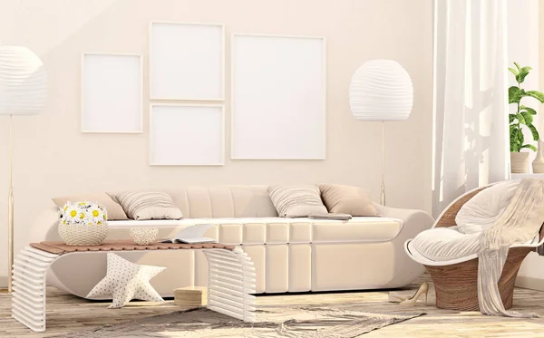 模仿现代室内环境下的海报框架 斯堪的纳维亚风格 现代室内设计 有扶手椅 咖啡桌 落地灯 植物和地毯 3D渲染 — 图库照片
