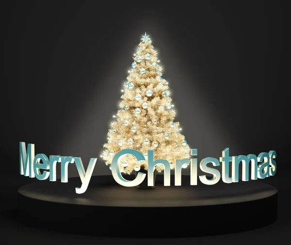 Árvore Natal Dourada Fica Pódio Preto Com Inscrição Feliz Natal Fotografias De Stock Royalty-Free