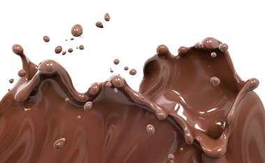 Çikolata dalgası ya da su sıçraması, erimiş çikolata sosu ya da şurup dökülmesi, kakao içeceği ya da krema, soyut tatlı arkaplanı, çikolata sıçraması, tatlı içilmesi, izole edilmiş, 3 boyutlu görüntüleme