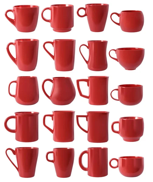 Een Set Realistische Rode Mokken Geïsoleerd Een Witte Achtergrond Set — Stockfoto