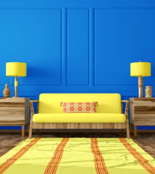 Современный Дизайн Интерьера Гостиной Желтым Диваном Комод Домашним Декором Синие Стоковое Изображение