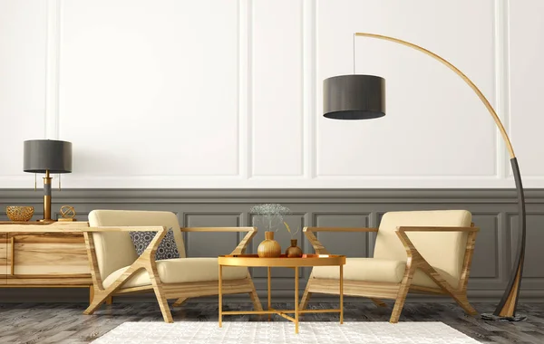 안락의자 테이블 서랍의 현대식 내부도 설계되었다 디자이너 아파트 렌더링 — 스톡 사진