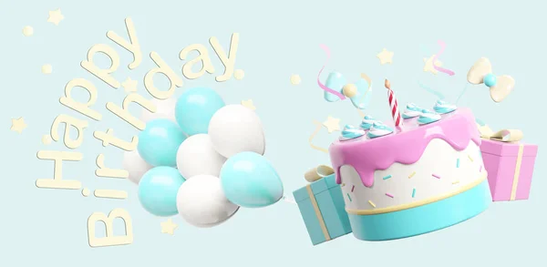 Happy Birthday Text Holiday Elements Cake Balloons Confetti Decorate Birthday Imagem De Stock