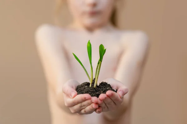 The child holds the dirt in his hands and a plant grows out of it. Earth Day