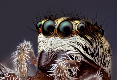 Zıplayan bir örümceğin kafası. Salticidae çok yakın..
