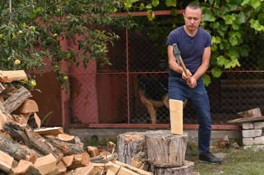 Bir oduncu kışın evini ısıtmak için odun kesiyor. Doğal ahşaptan yapılmış doğal yakıt..